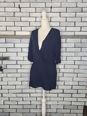NWT Forever 21 Women's Blue Romper Size Large Deep V-Neck 3/4 Bell Sleeve